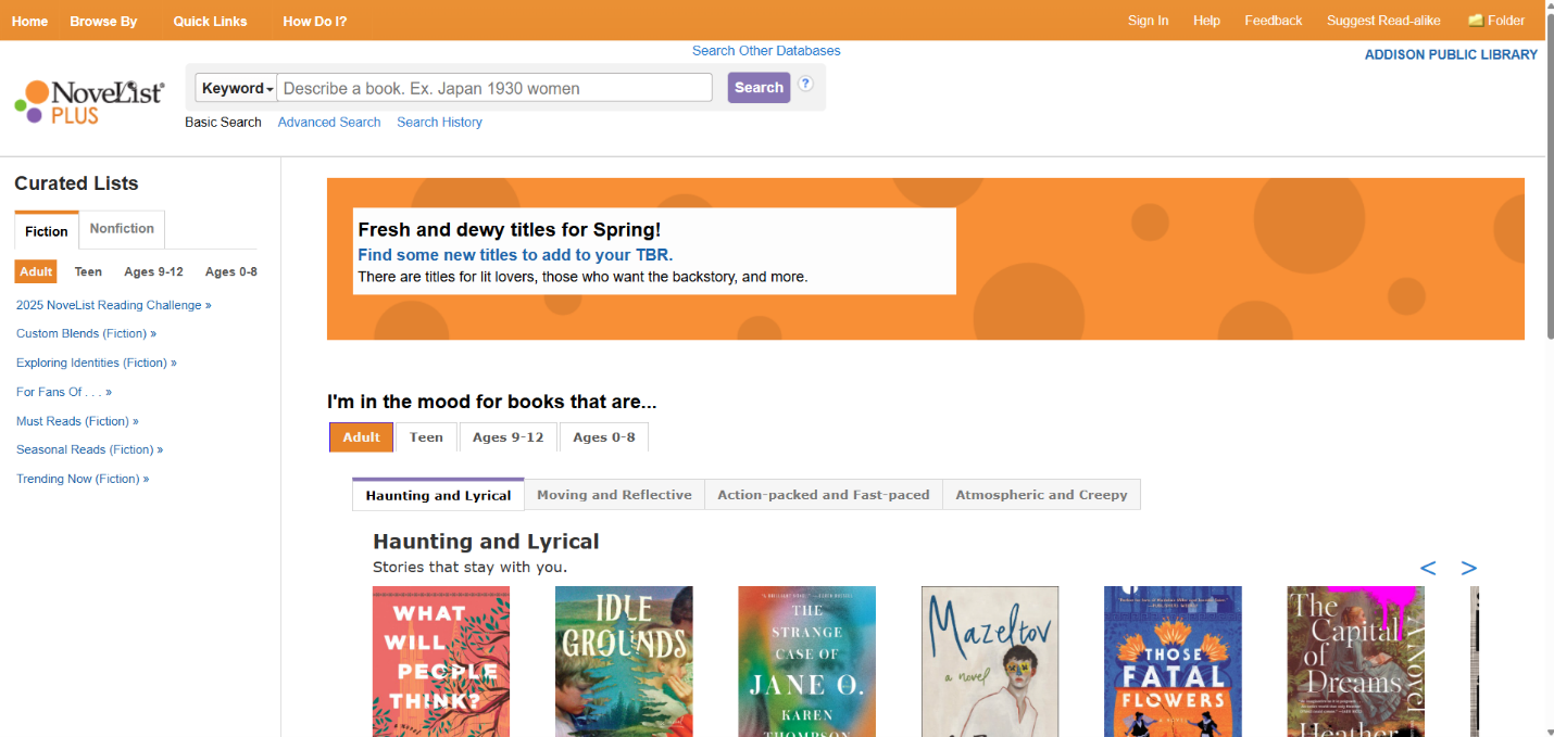 screenshot of NoveList