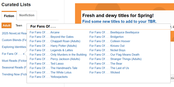 screenshot of NoveList Curated Lists