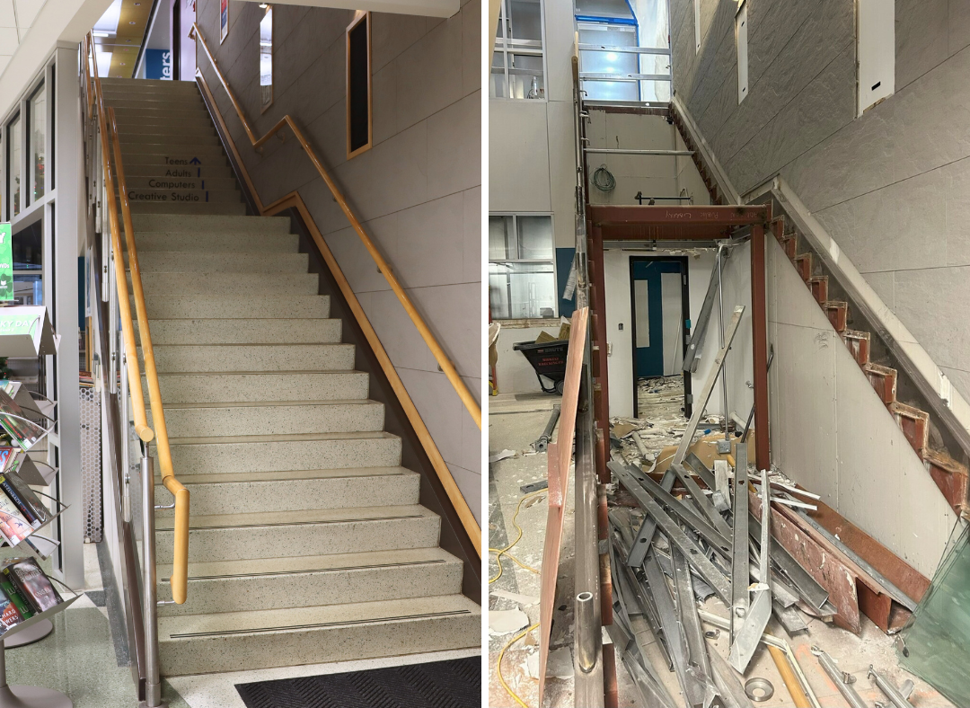 a side by side photo of the library's main staircase before and during demolition