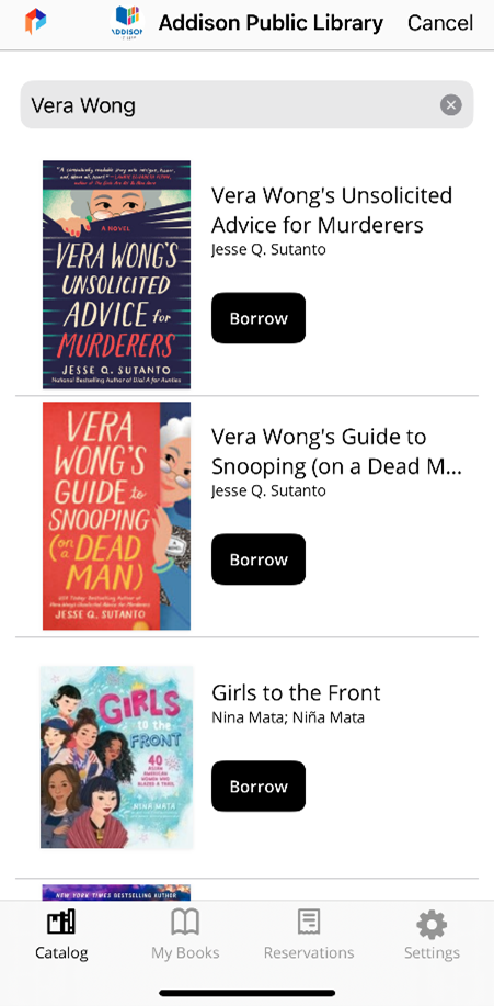 the palace project app - three book titles and covers arranged vertically with "Borrow" buttons beneath the title