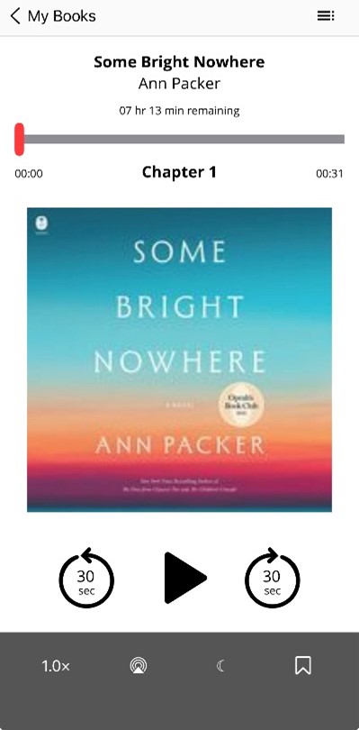 the palace project app - a sample of an audiobook as it displays, progress bar at the top, book cover in the middle, and the play button on the bottom