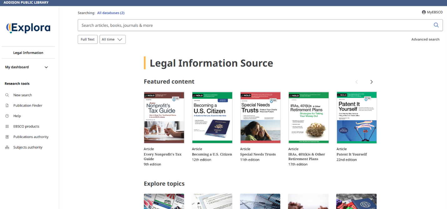 the explora website, a legal information source with featured content of articles such as becoming a u.s. citizen, patent it yourself, and IRAs, 401(k)s, and other retirement plans. the toolbar on the left side of the page features research tools such as new search, publication finder, and help