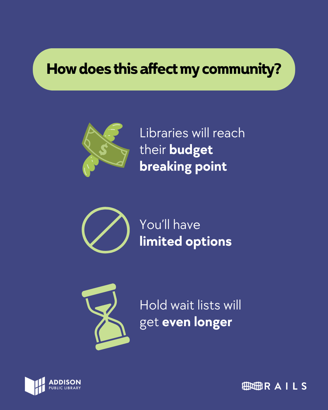 How does this affect my community? Libraries will reach their budget breaking point. You’ll have limited options. Hold wait lists will get even longer. Rails. 