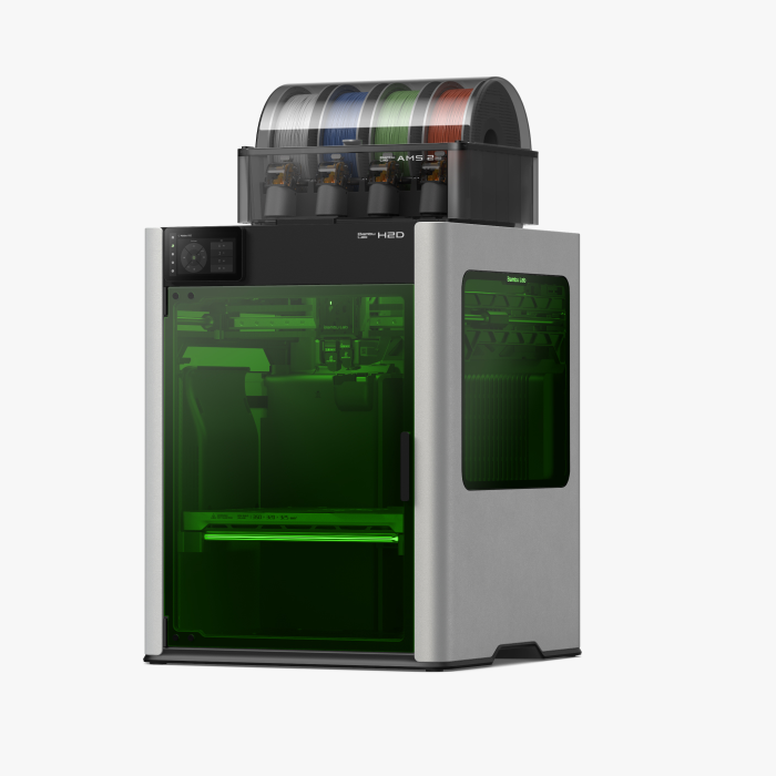 Photo of Bambu Lab H2D 3D Printer. A machine with an enclosed 3D printer and multi-feed filament holder.