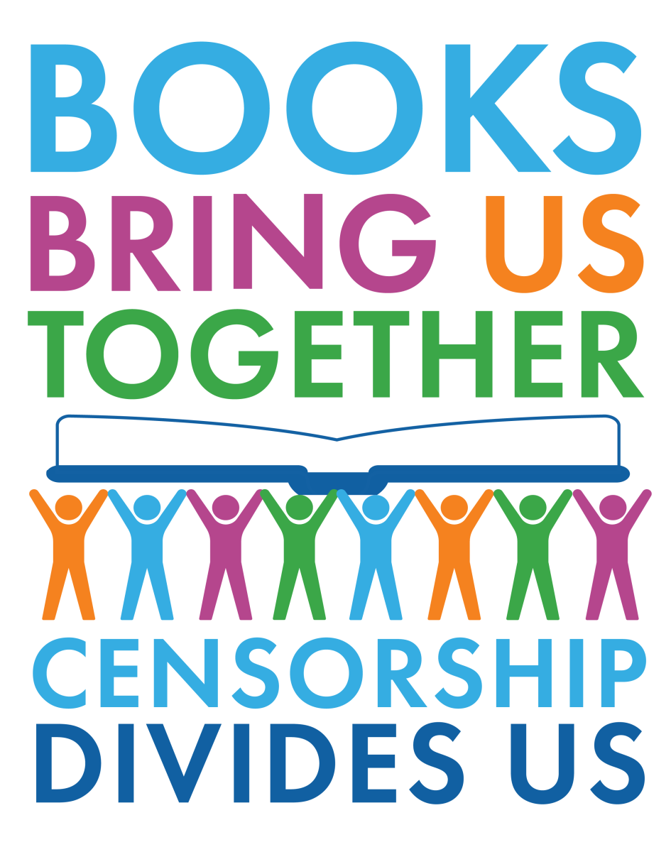 Graphic shows text: "Books bring us together, censorship divides us" and figures holding up an open book