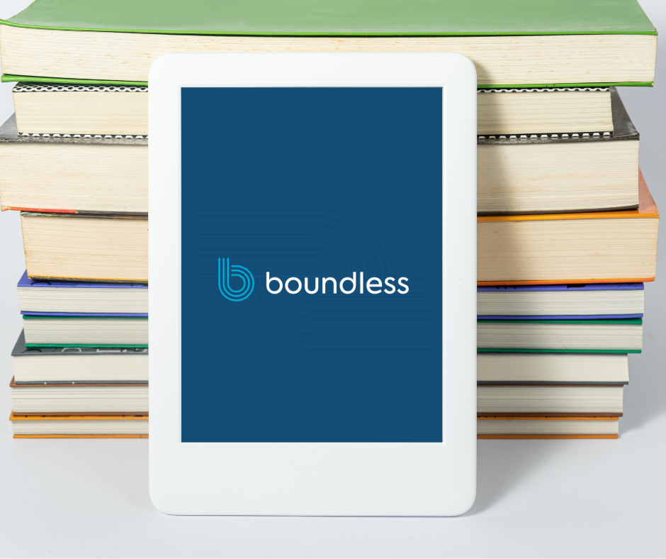 Stack of books with eReader in front with the Boundless logo on screen