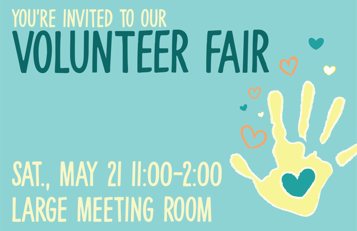 Graphic text: You're Invited to our Volunteer Fair, date and time info repeated from website text
