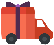 Cartoon image of a red truck with a gift box for a trailer