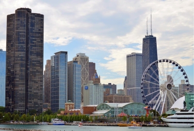 View of the Chicago skyline, including the Willis Tower, Navy Pier