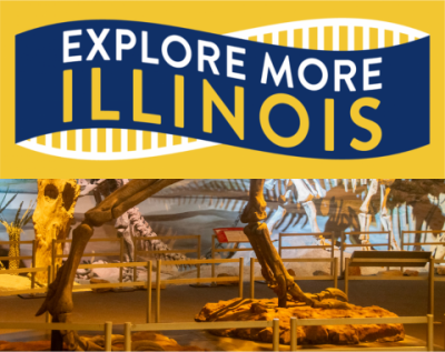 dinosaur bones in museum, with Explore More Illinois logo overlapping