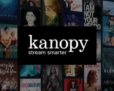 movie posters with a black box and the white kanopy stream smarter logo