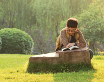 person sitting next to a rock in a large green space or park reading a book