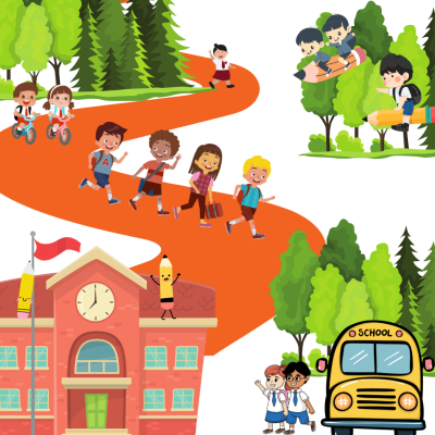 children of different races are walking down an orange winding path towards the school. There is a school bus, trees and even some pencils on the school roof.