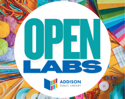 open labs text over an assortment of craft supplies