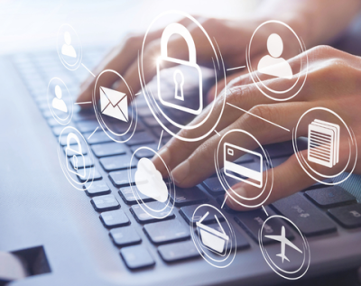 hands typing on keyboard with illustrated hovering icons of common security symbols: lock, email, credit card, person