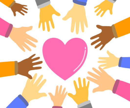 cartoon-style illustration of hands of different skin tones reaching towards a pink heart at the center