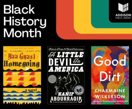 three black history month featured book covers: homecoming by yaa gyasi; a little devil in america by Hanif Abdurraqib; good dirt by charmaine wilkerson