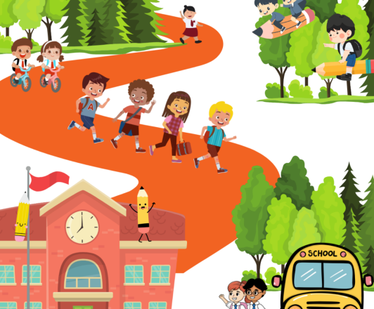 children of different races are walking down an orange winding path towards the school. There is a school bus, trees and even some pencils on the school roof.