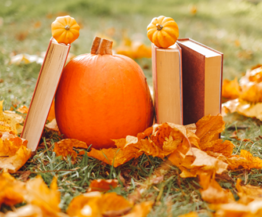 a mini pumpkin surrounded by books propped up against it, sitting on a pile of fall leaves