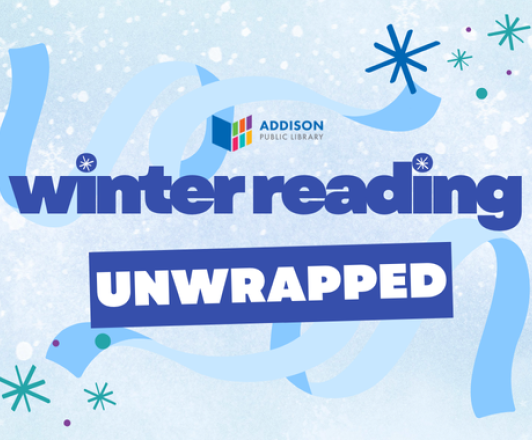 snowflake background with untied ribbon illustration. text: winter reading unwrapped