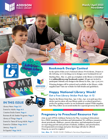 cover of the march/april 2025 addison public library newsletter