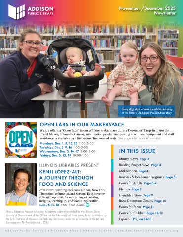 Cover page of November December 2025 Addison Public Library newsletter