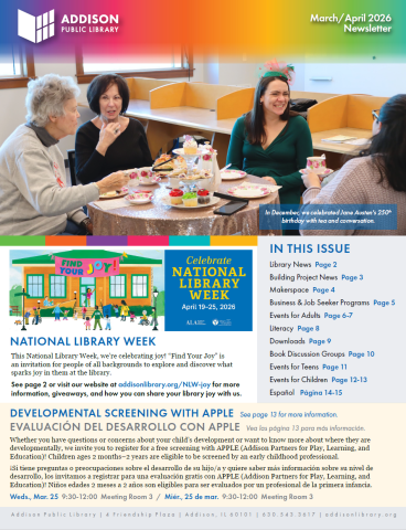 cover of the march/april 2026 addison public library newsletter