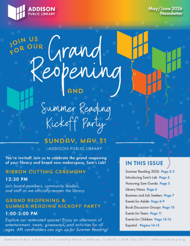 cover of the may/june 2026 addison public library newsletter