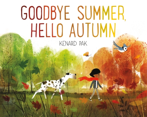 Goodbye Summer, Hello Autumn book cover, a boy and a dog walk along a body of water with green and red trees behind them