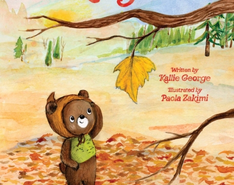 The Wishing Leaf book cover, bear looks up at one leaf on a tree while standing in a pile of leaves