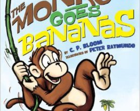 The Monkey Goes Bananas book cover, a monkey swings on a vine with an island in the background