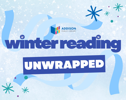 snowflake background with untied ribbon illustration. text: winter reading unwrapped