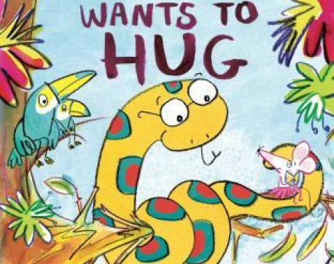 Wally wants a hug book cover, a yellow spotted snake is wrapped around a tree branch surrounded by leaves