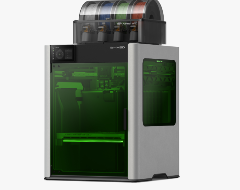 Photo of Bambu Lab H2D 3D Printer. A machine with an enclosed 3D printer and multi-feed filament holder.