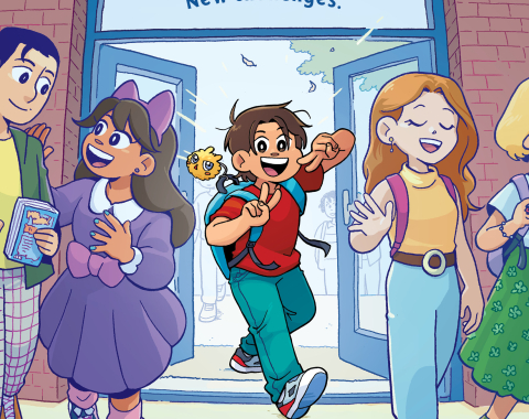 Fresh Start book cover, kids leaving school with one kid looking very happy