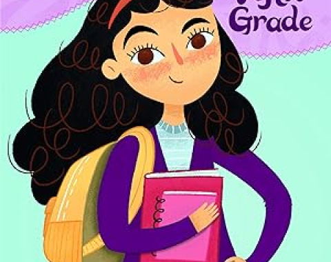 Farrah Rocks Fifth Grade book cover, girl stands looking at you with black hair, holding books and wearing a backpack