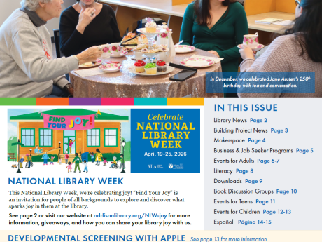 cover of the march/april 2026 addison public library newsletter